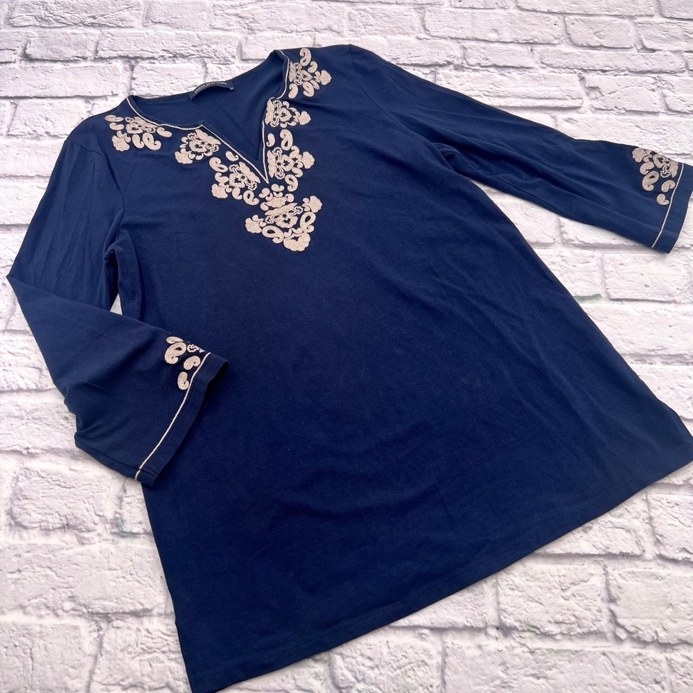 Jones New York Signature Navy Blue Embroidered Split Neck Top Women's Large